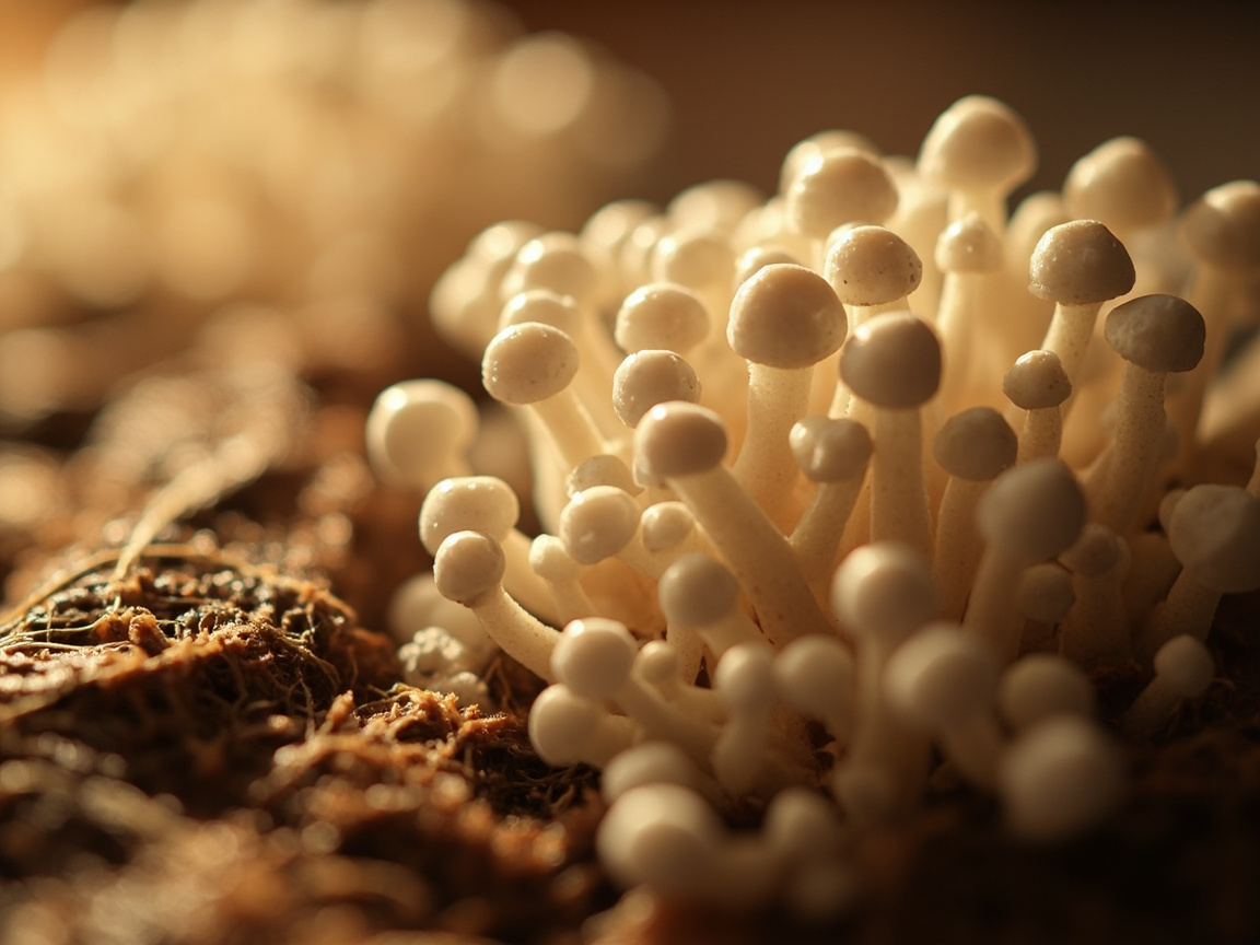 Close-up of healthy white mushroom pins forming in clusters on the cut surface of a gourmet mushroom grow kit block