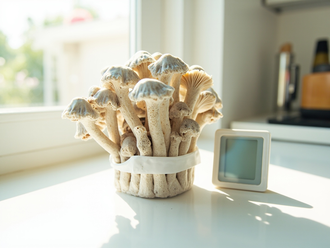 Mushroom grow kit on kitchen counter near east-facing window with hygrometer nearby