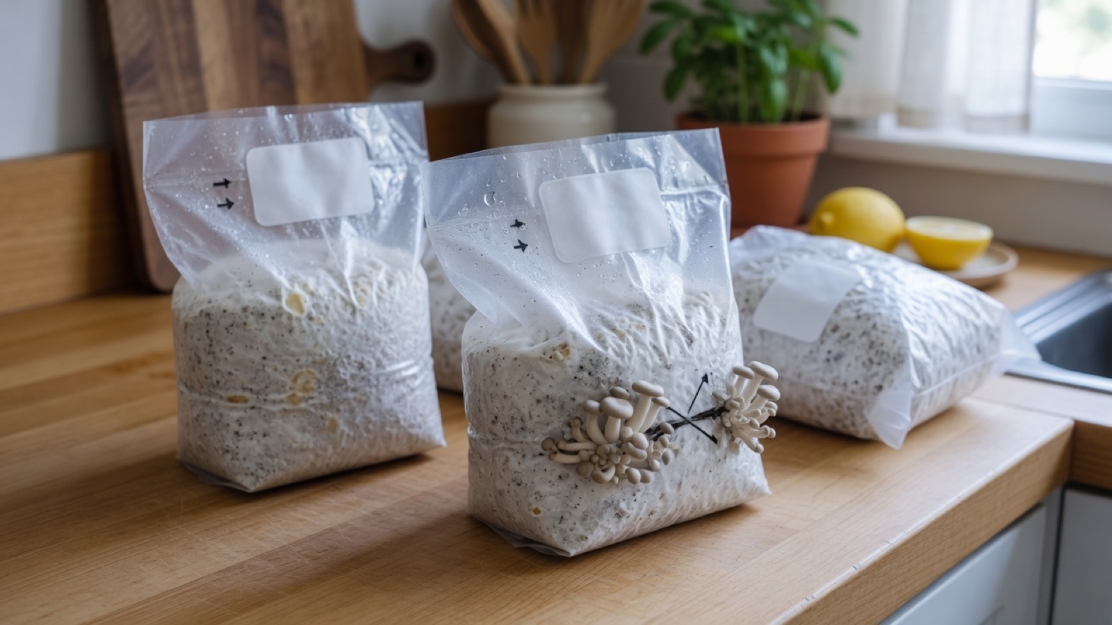 Filter-patch mushroom grow bags colonizing on a kitchen counter