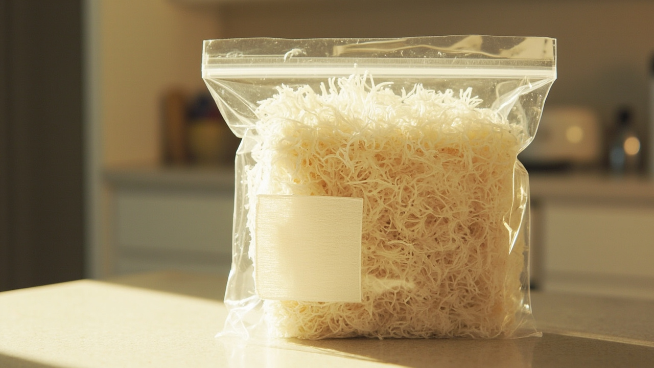 Filter patch and intact plastic bag on a colonized mushroom grow kit