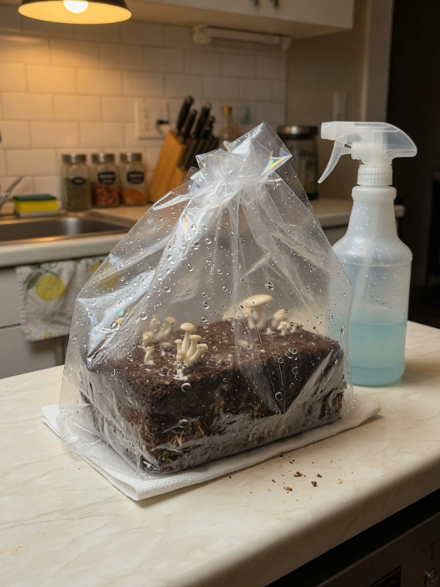 Kitchen humidity setup for a grow kit — clear tent and fine mist bottle on the counter