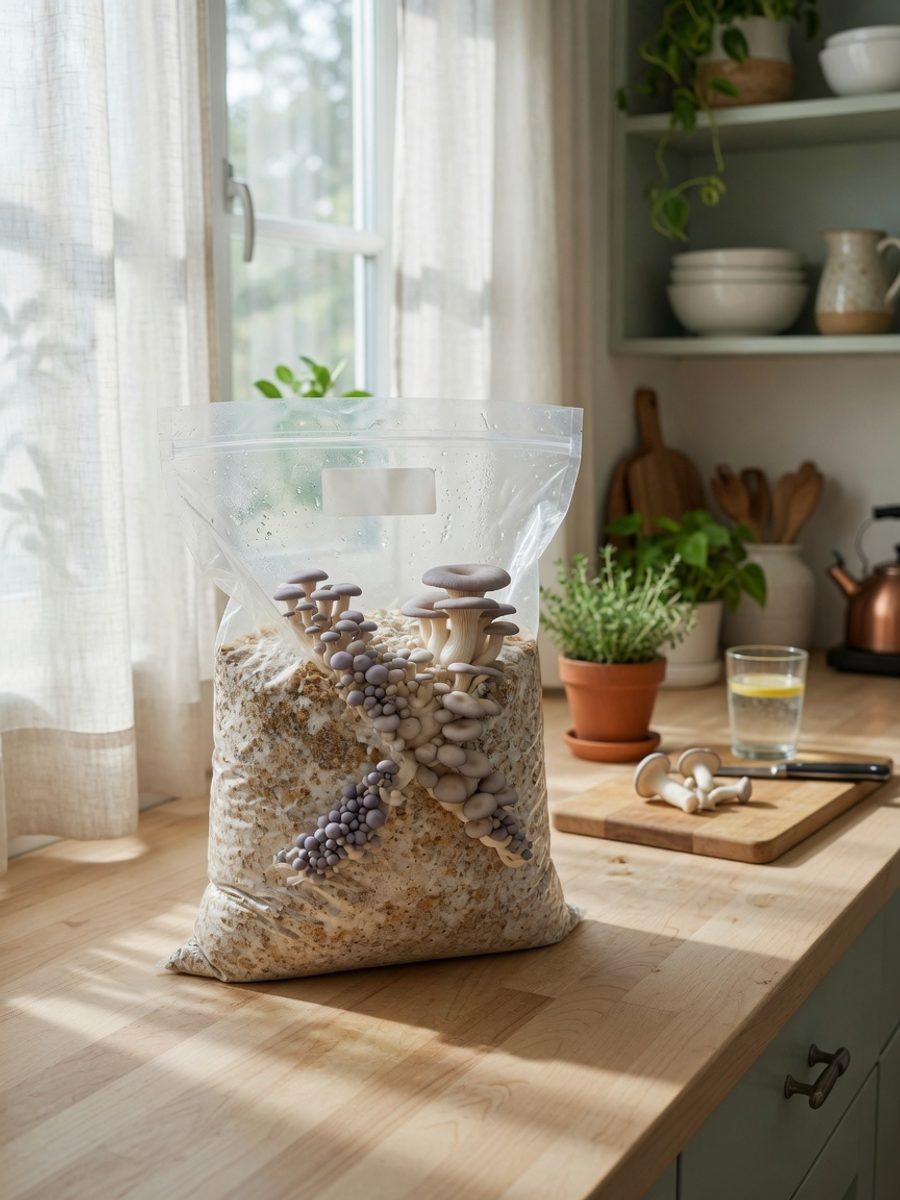 Ready-to-fruit oyster grow kit on a kitchen counter by a window — kit-first home growing