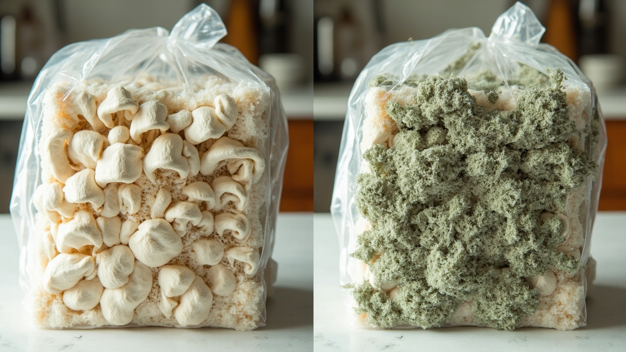 Healthy gourmet kit block vs same block with green contamination spreading, showing color and texture differences