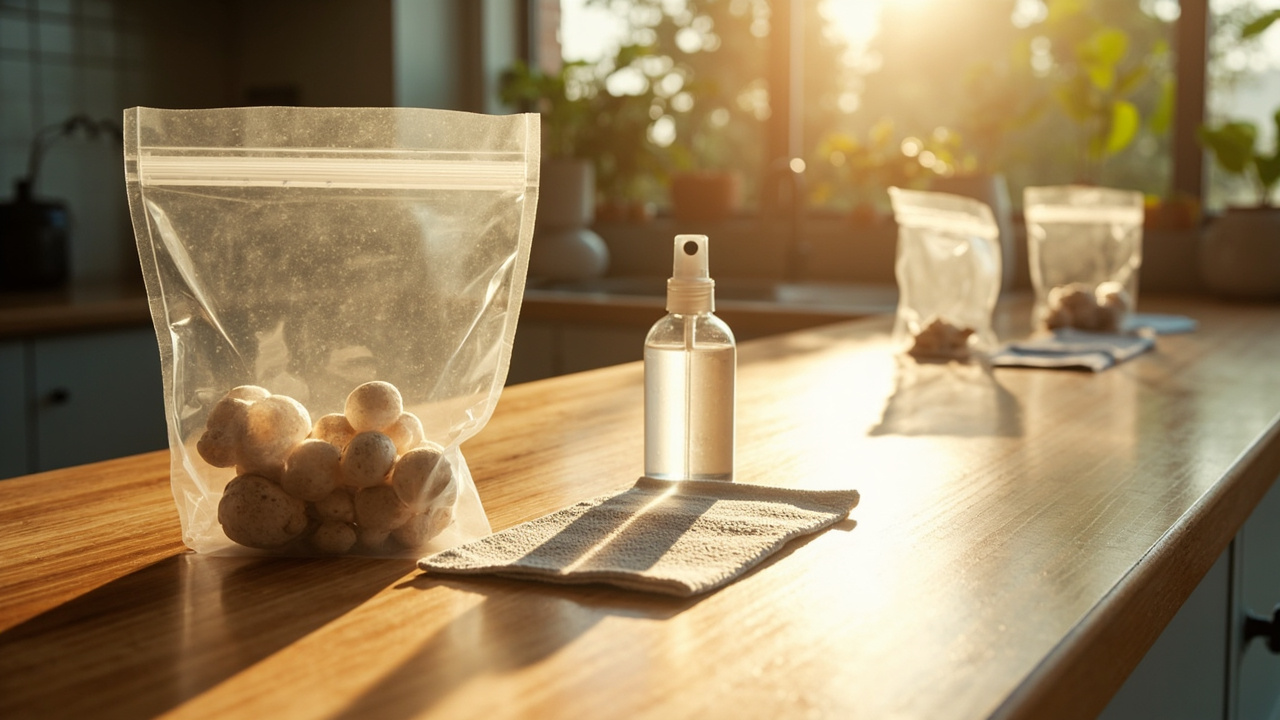 Quarantine zone on a kitchen counter with suspect kit bagged on a far shelf, cloth and sanitizer nearby