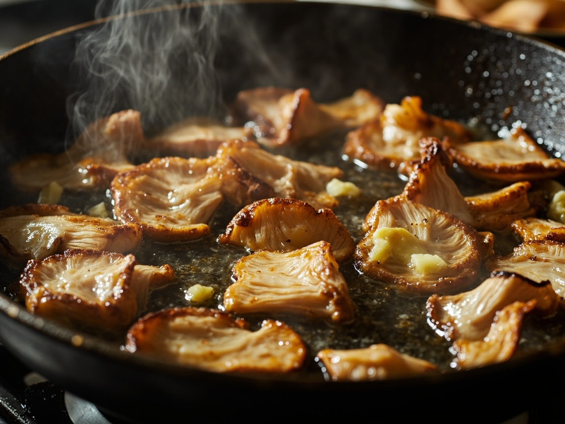 Sliced oyster mushrooms browning in a cast iron skillet with butter and garlic on a stovetop
