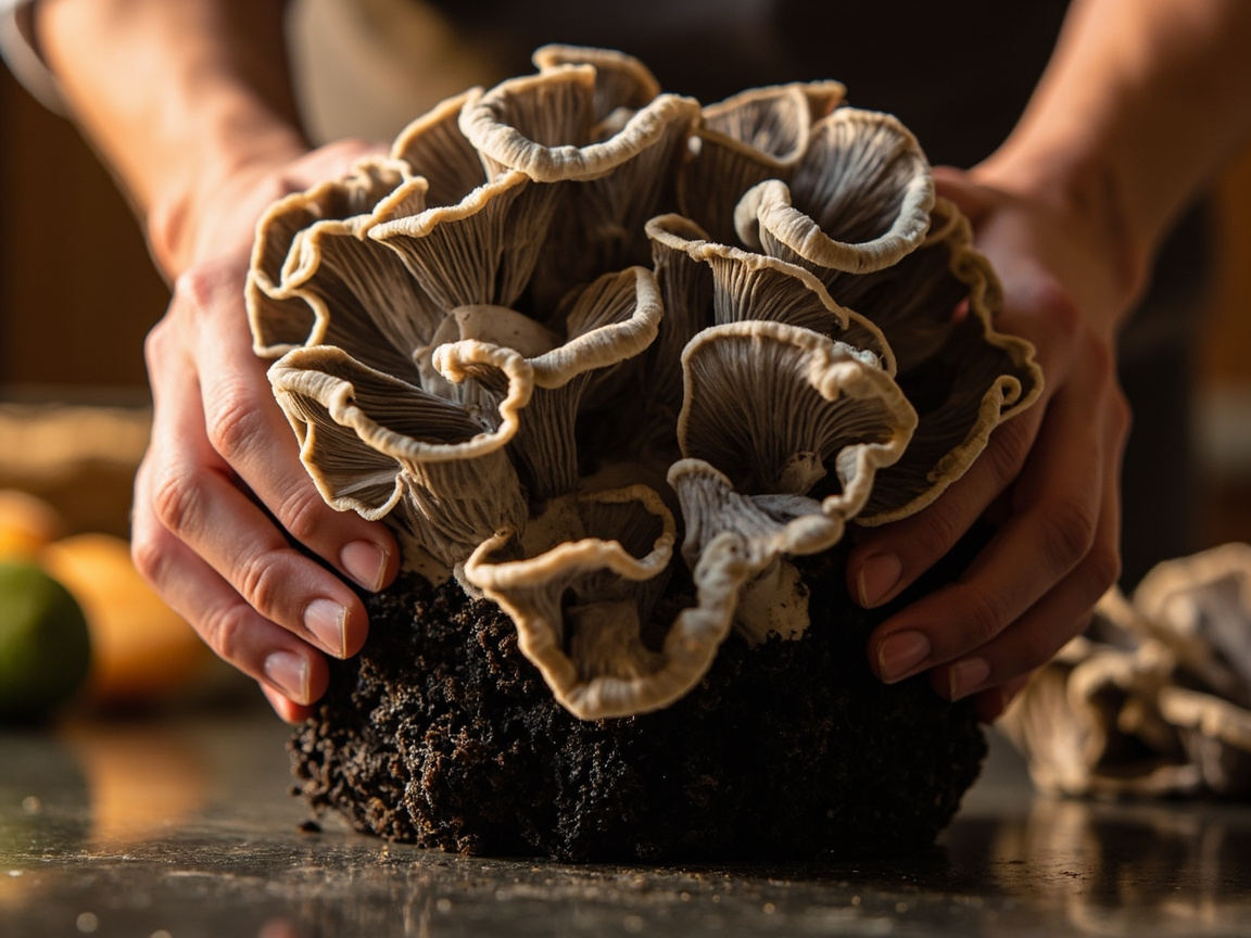 Freshly harvested cluster of grey oyster mushrooms held above a kitchen cutting board