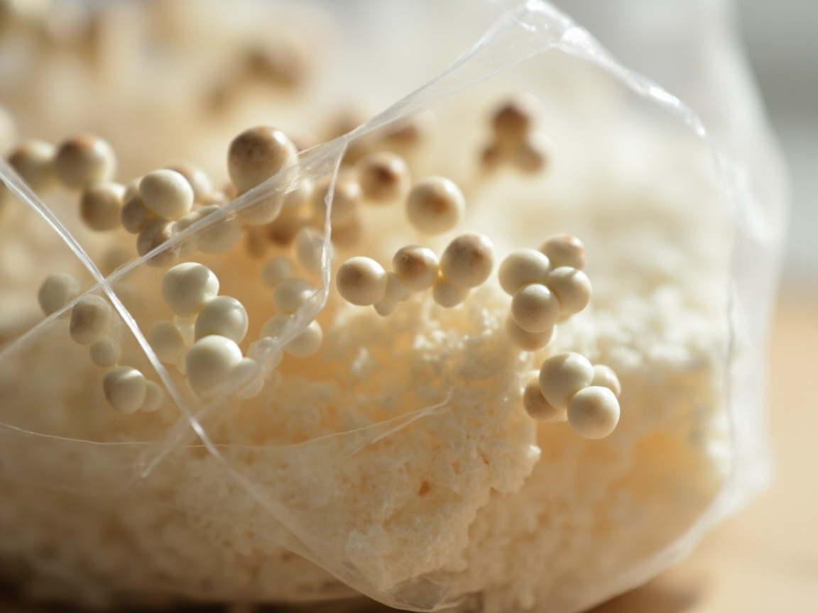 Small white oyster mushroom pins emerging from a cut opening on a grow bag