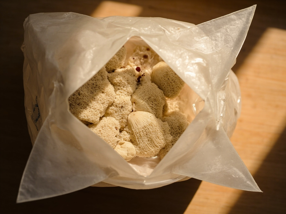 Close-up of a small X cut on the front face of an oyster mushroom grow bag