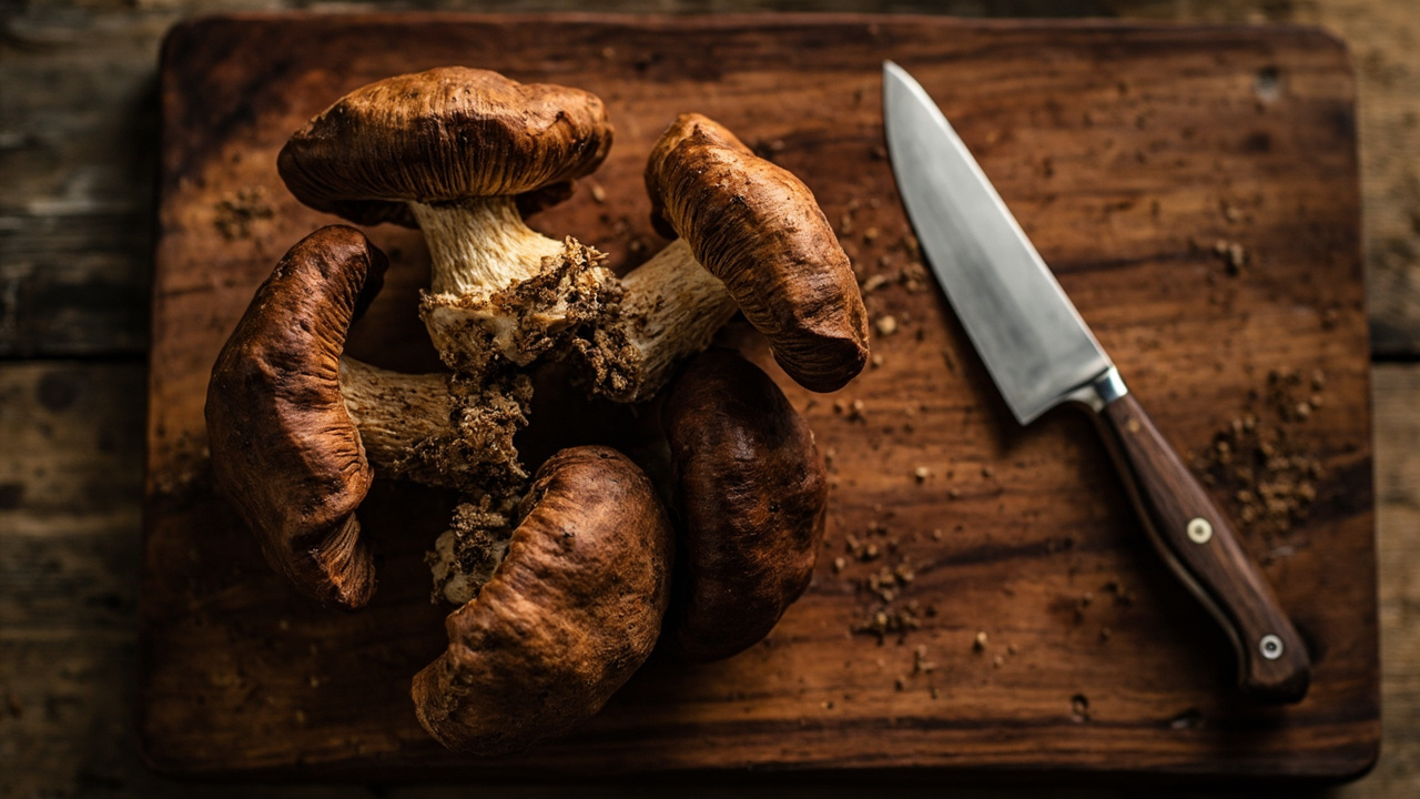 A hand twisting a mature shiitake cluster off a colonized block at the stem base