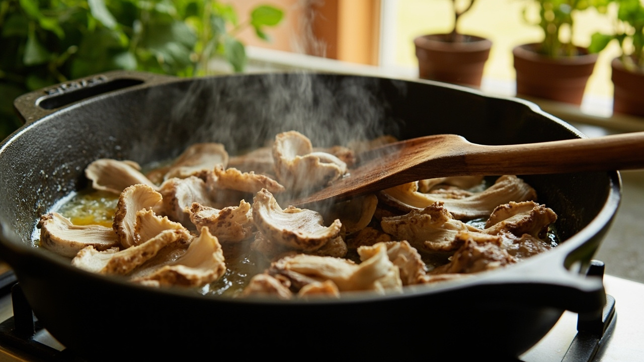 Freshly harvested oyster mushrooms pan-fried in butter in a cast iron skillet