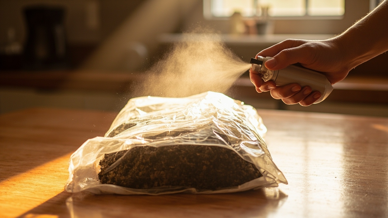 Hand misting a mushroom grow kit with a fine-mist spray bottle - dewy not puddled